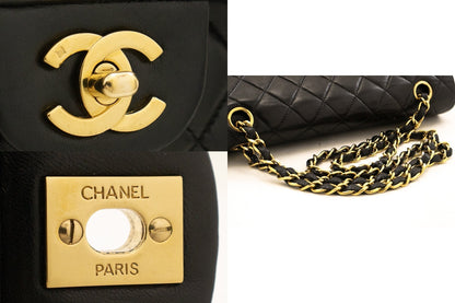CHANEL Classic Double Flap Medium Chain Shoulder Bag Black Lamb k34