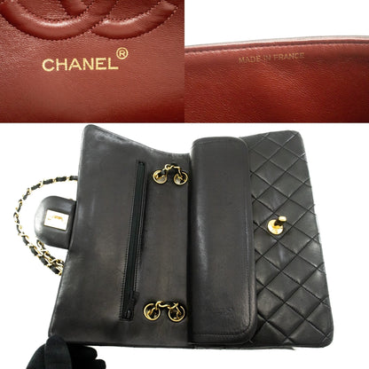 CHANEL Classic Double Flap 10" Chain Shoulder Bag Black Lambskin k46