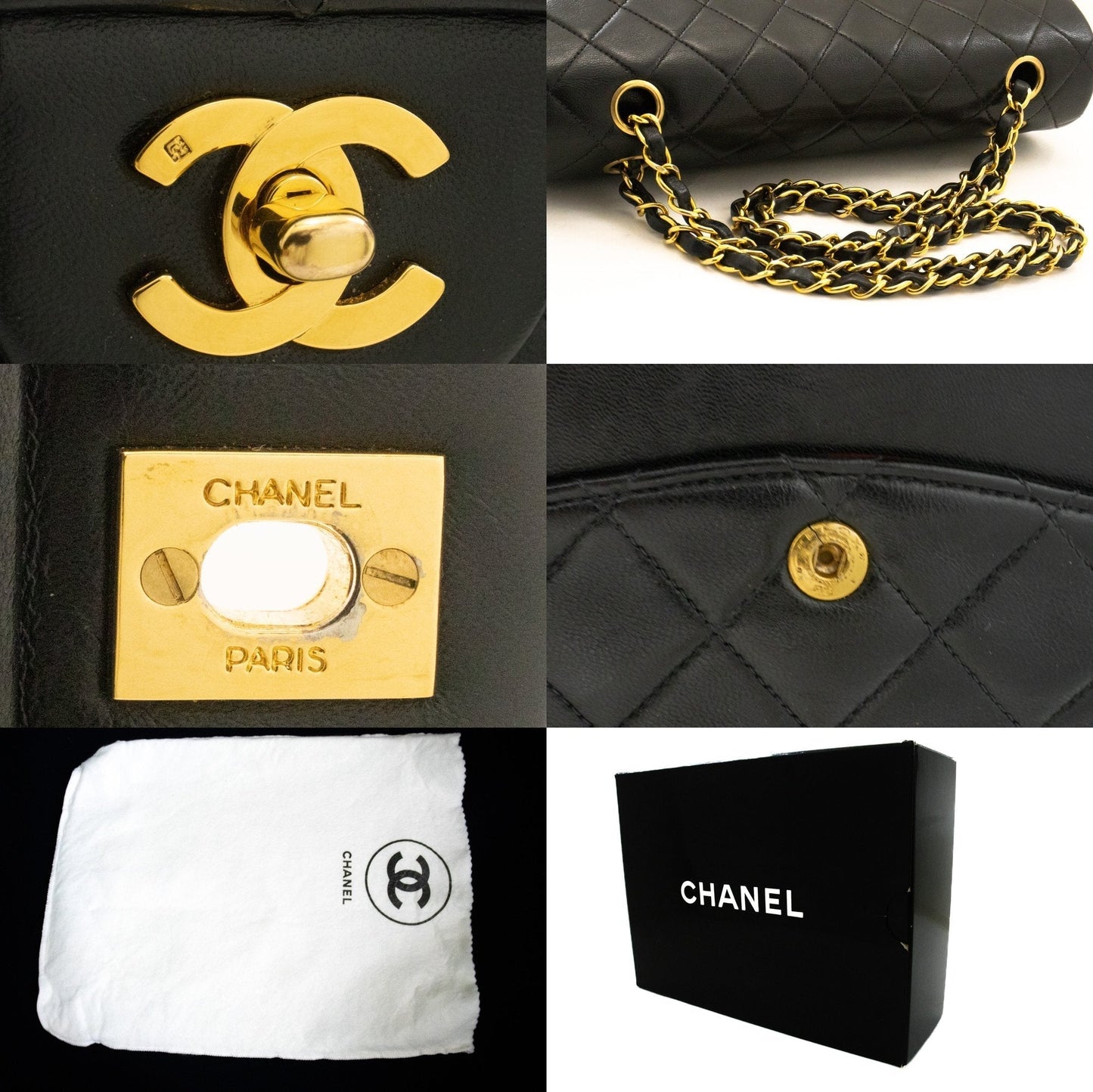 CHANEL Classic Double Flap 10" Chain Shoulder Bag Black Lambskin k63