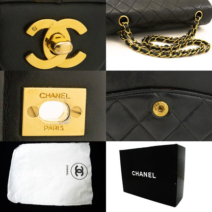CHANEL Classic Double Flap 10" Chain Shoulder Bag Black Lambskin k63