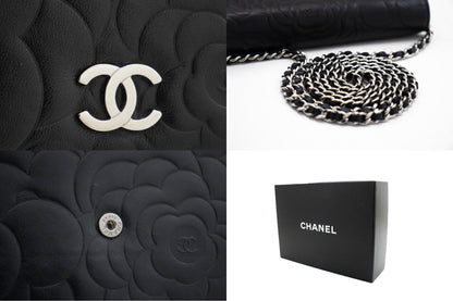 CHANEL Black Camellia Embossed Wallet On Chain WOC Shoulder Bag k68