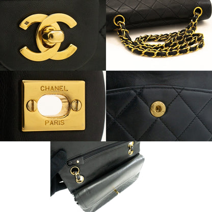 CHANEL Classic Double Flap 9" Chain Shoulder Bag Black Lambskin j57