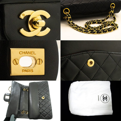 CHANEL Classic Double Flap 10" Chain Shoulder Bag Black Lambskin k60