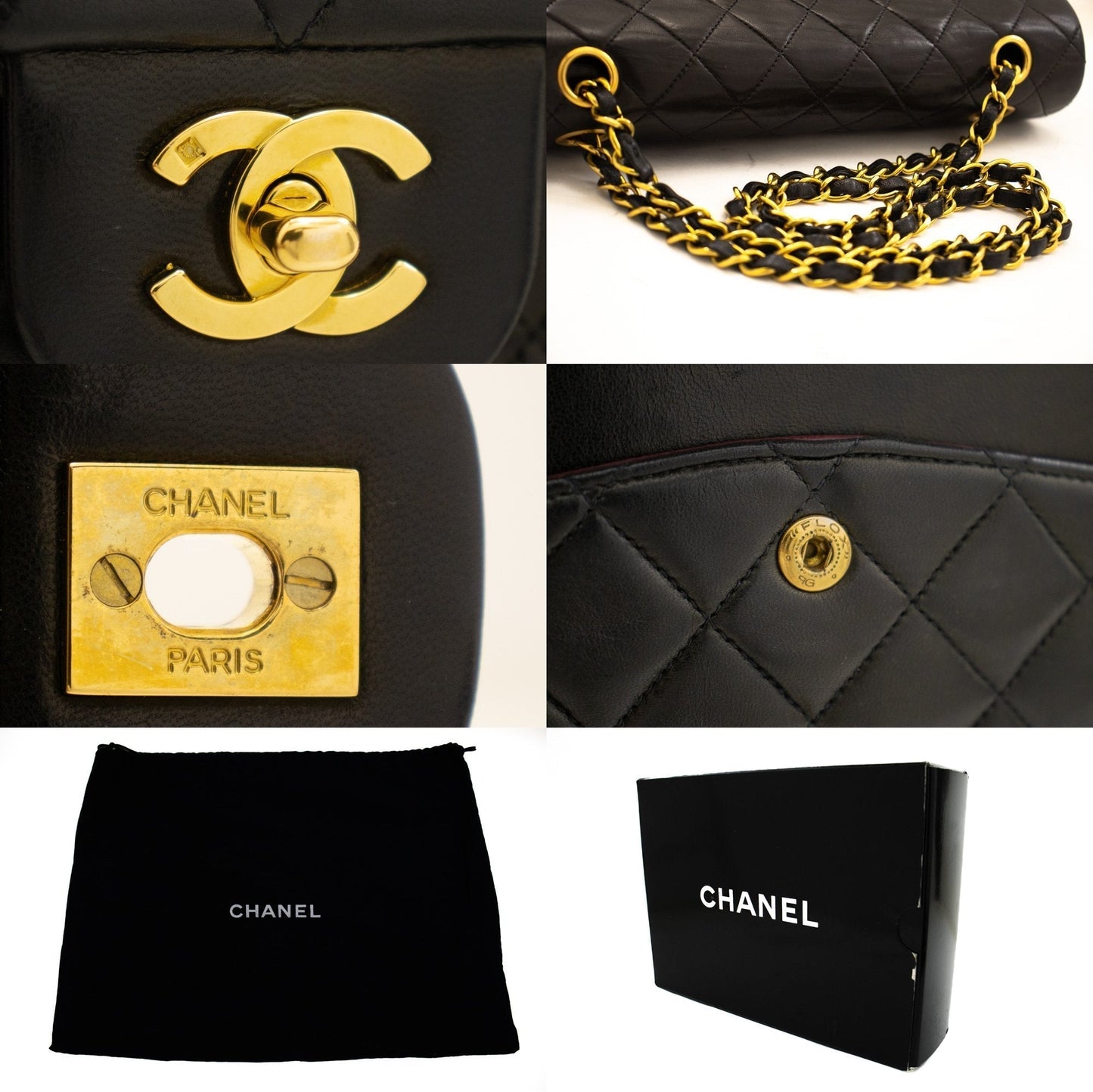 CHANEL Classic Double Flap 10" Chain Shoulder Bag Black Lambskin k71