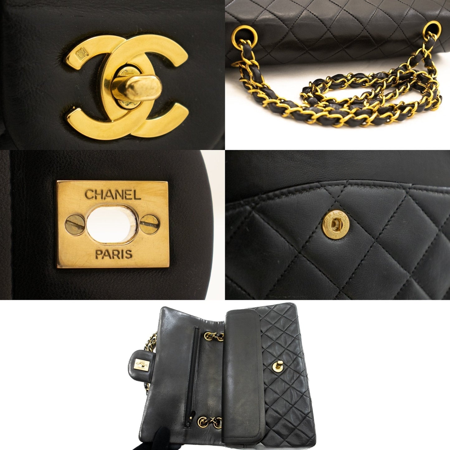 CHANEL Classic Double Flap 10" Chain Shoulder Bag Black Lambskin k77