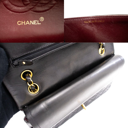CHANEL Classic Double Flap 10" Chain Shoulder Bag Black Lambskin k77