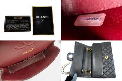 CHANEL Classic Double Flap 10" Chain Shoulder Bag Black Lambskin k71