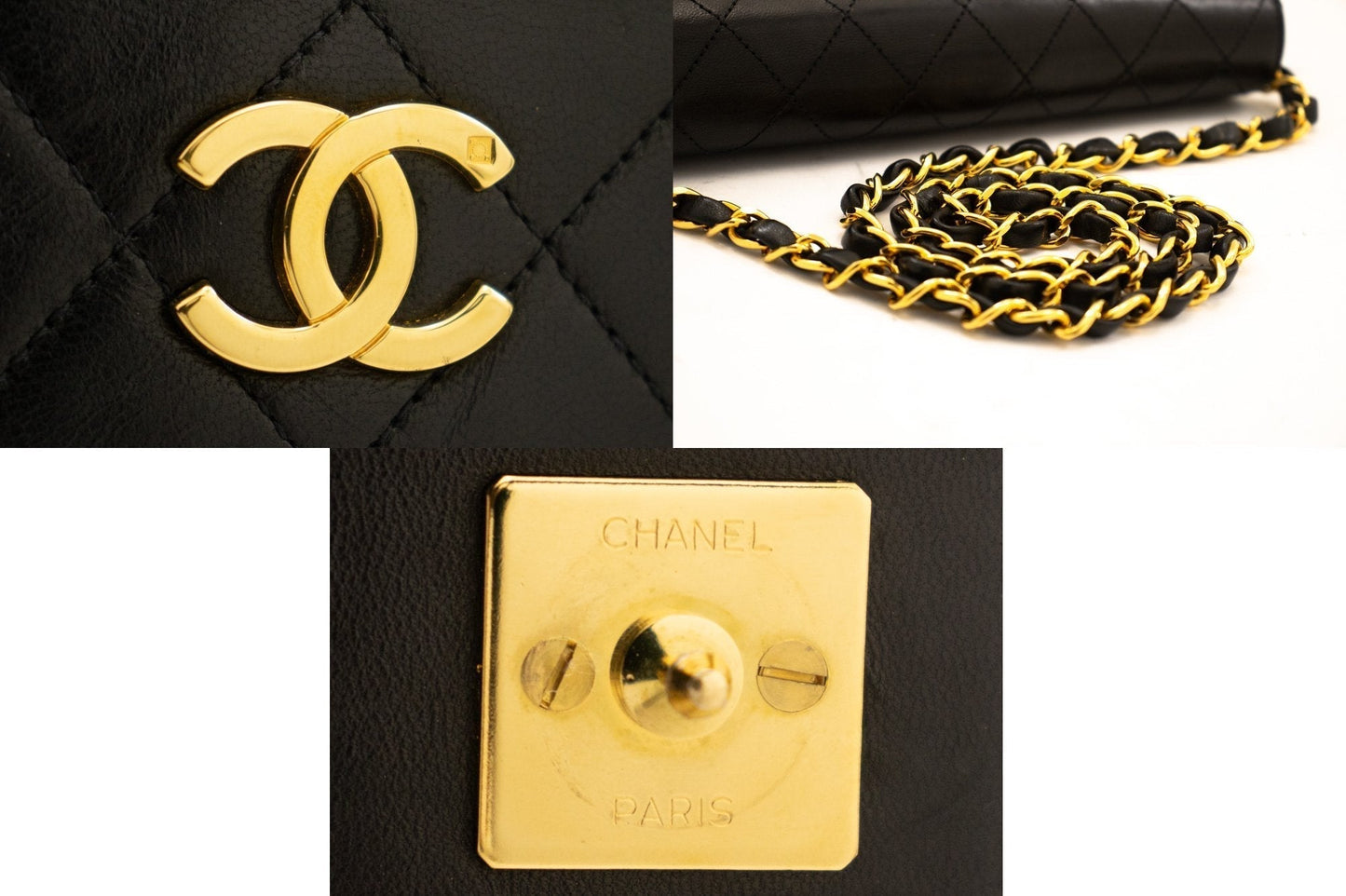 CHANEL Full Flap Chain Shoulder Bag Clutch Black Quilted Lambskin k82