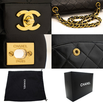 CHANEL Classic Double Flap 10" Chain Shoulder Bag Black Lambskin k72