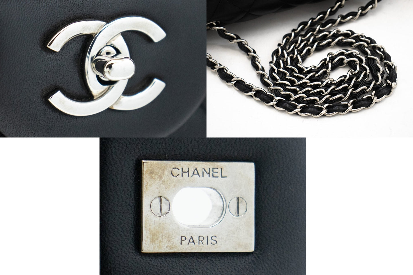 CHANEL Classic Large 11" Chain Shoulder Bag Flap Black Lambskin j42