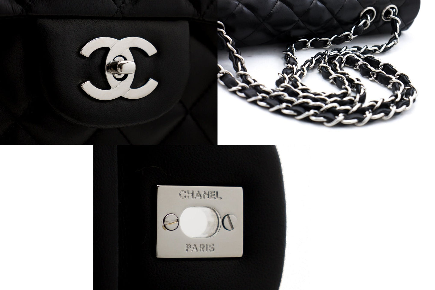 CHANEL Large Classic Handbag 11"Chain Shoulder Bag Flap Black Lamb h44
