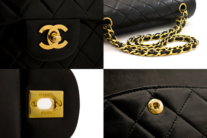 CHANEL Classic Double Flap 10" Chain Shoulder Bag Black Lambskin i71