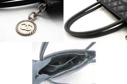 CHANEL Silver Medallion Caviar Shoulder Bag Grand Shopping Tote i75