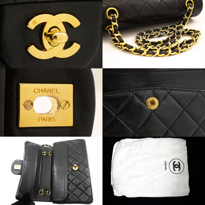 CHANEL Classic Double Flap 9" Chain Shoulder Bag Black Lambskin k65