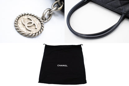 CHANEL Silver Medallion Caviar Shoulder Bag Shopping Tote Black k56