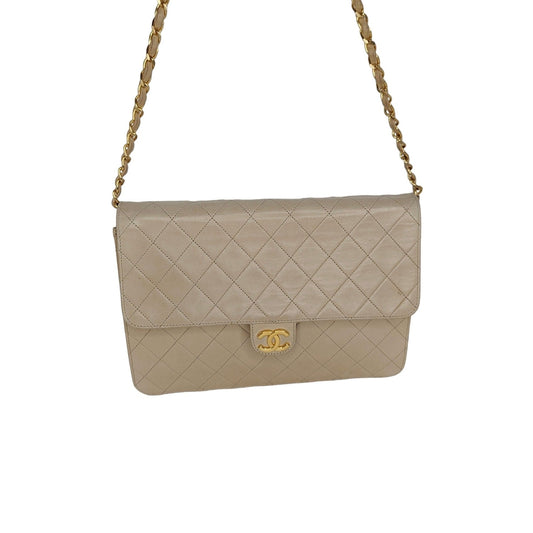 Chanel Vintage Beige Quilted Lambskin Medium Flap Bag