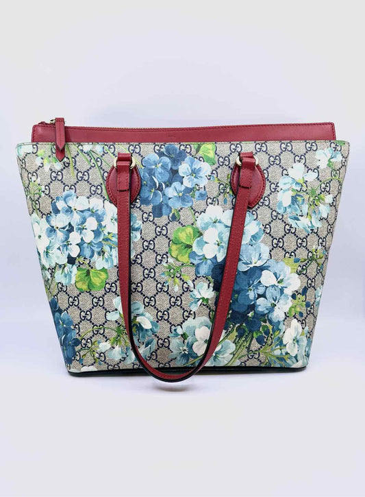GUCCI Beige, Blue Coated canvas Floral Tote