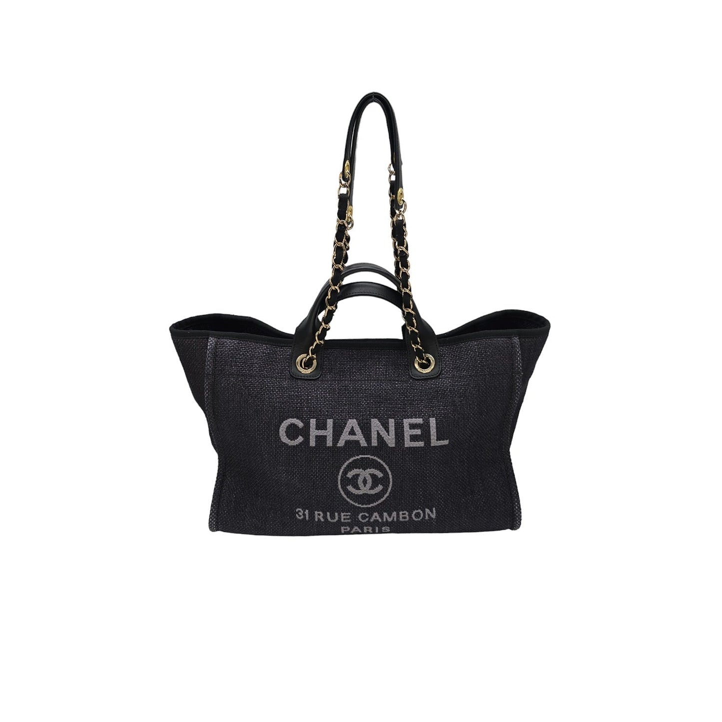 Chanel Woven Straw Raffia Medium Deauville Tote Black