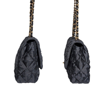Chanel Black Satin Quilted Pleated Medium Single Flap