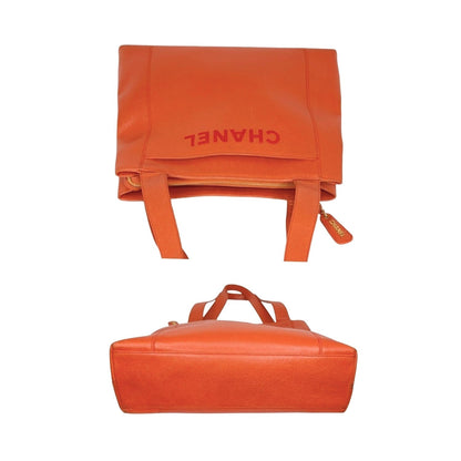 Chanel 90s Orange Caviar Embroidered Logo Shopper Tote