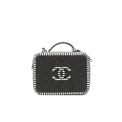 Chanel Black and White Striped Caviar Large Filigree Vanity Case Bag