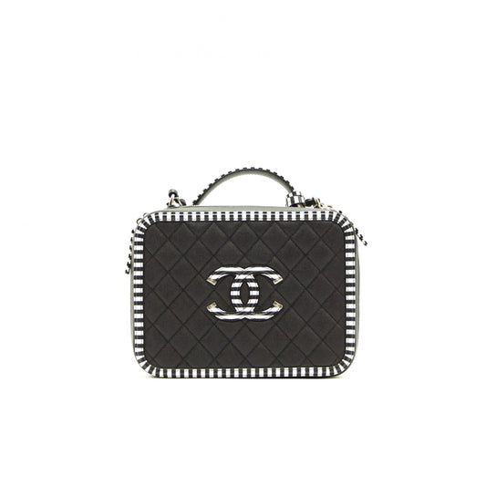 Chanel Black and White Striped Caviar Large Filigree Vanity Case Bag
