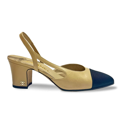 Chanel sling back leather on canvas mules