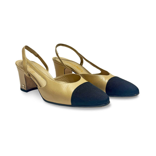 Chanel sling back leather on canvas mules