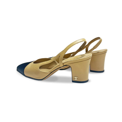 Chanel sling back leather on canvas mules