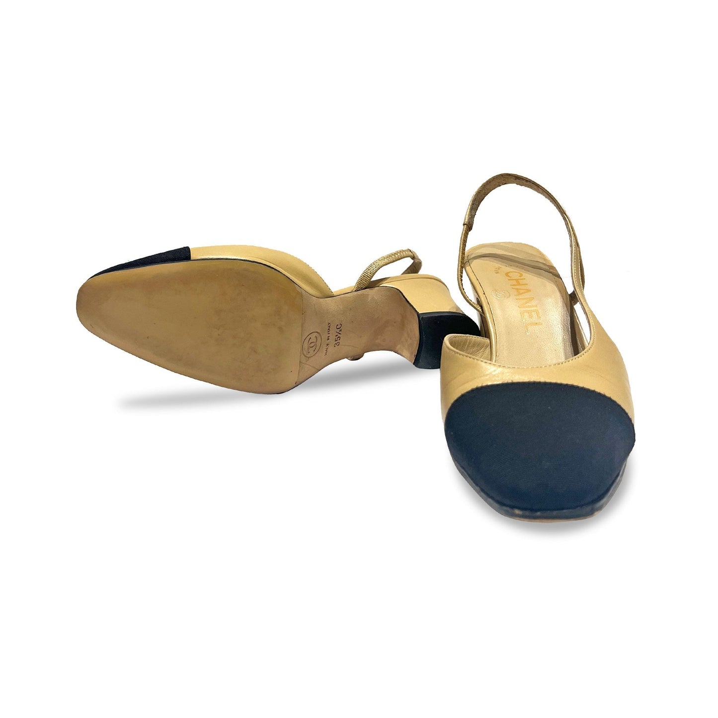 Chanel sling back leather on canvas mules