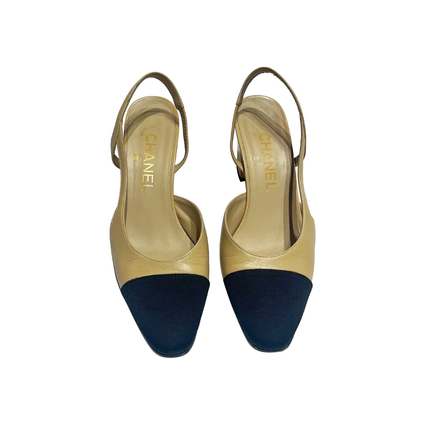 Chanel sling back leather on canvas mules