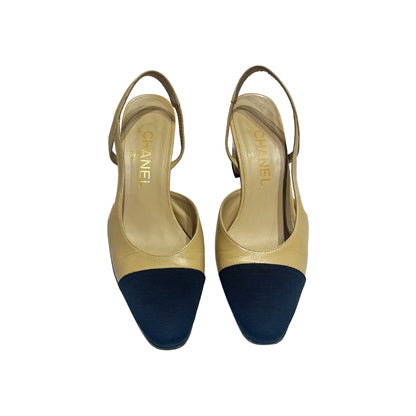 Chanel sling back leather on canvas mules