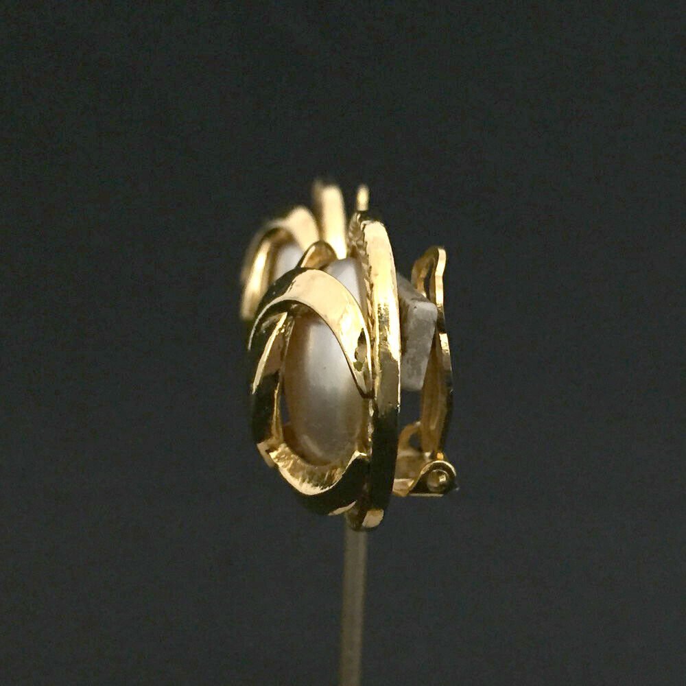 CHANEL CC Logo Gold Tone Pearl Earrings