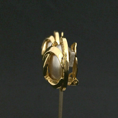 CHANEL CC Logo Gold Tone Pearl Earrings
