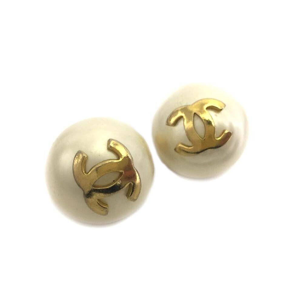 CHANEL CC Logo Pearl Ball Shape Gold Tone Earrings