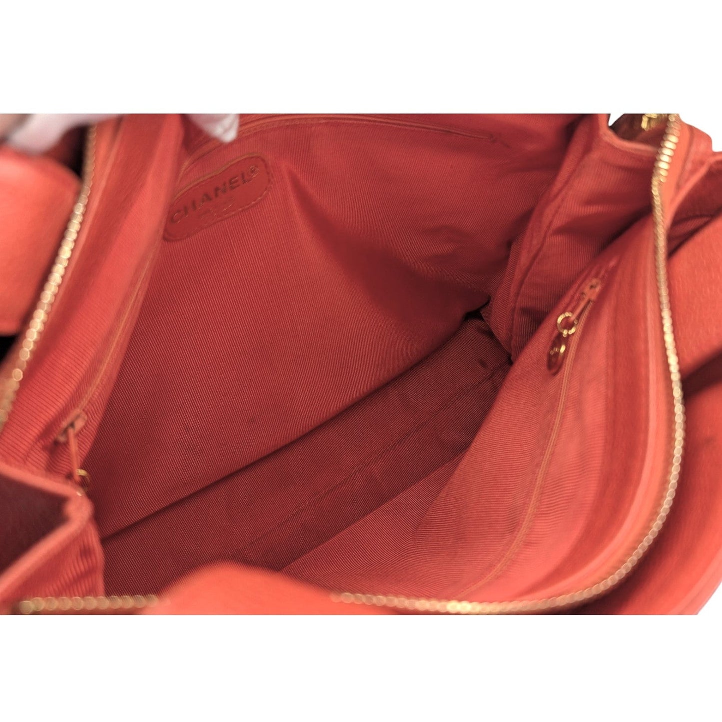 Chanel 90s Orange Caviar Embroidered Logo Shopper Tote