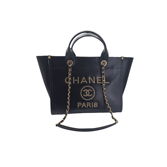 Chanel Small Black Caviar Studded Deauville Tote
