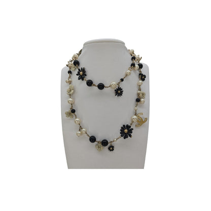 Chanel CC Camellia Black Bead Faux Pearl Long Necklace
