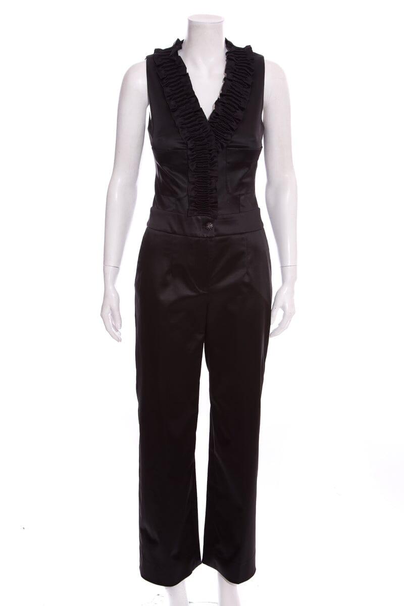 Chanel Black Satin Sleeveless Ruffle Jumpsuit SZ 38