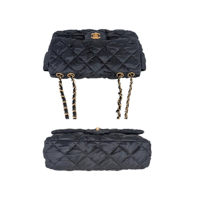 Chanel Black Satin Quilted Pleated Medium Single Flap