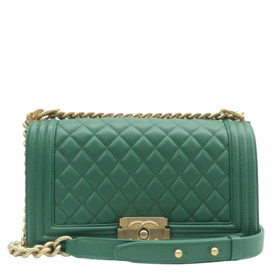 CHANEL Boy Medium Flap Quilted Leather Shoulder Bag Green