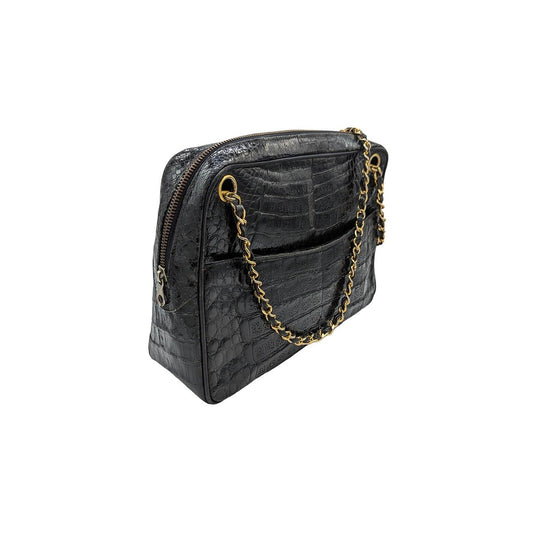 Chanel 80s Black Shiny Alligator Camera Shoulder Bag