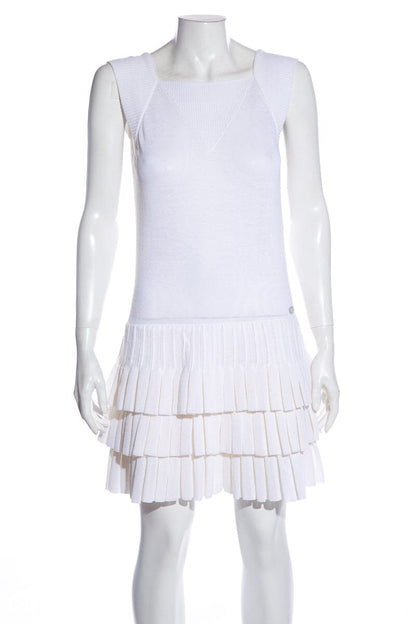Chanel White Pleated Knit Dress SZ 38