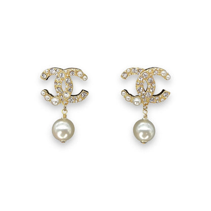 Chanel CC Strass & Faux Pearl Drop Earrings