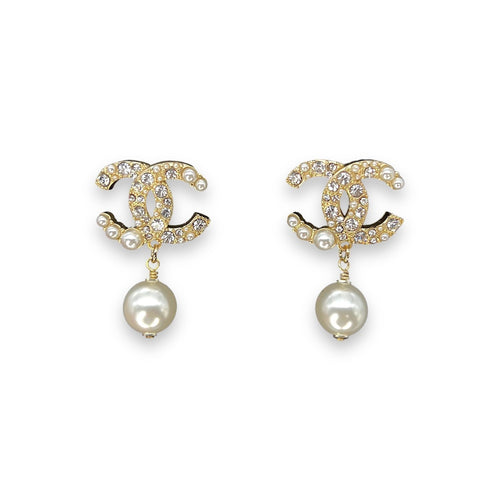 Chanel CC Strass & Faux Pearl Drop Earrings