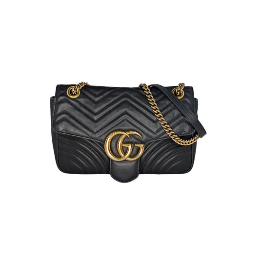 Gucci Black Chevron Quilted GG Marmont Medium Shoulder Bag