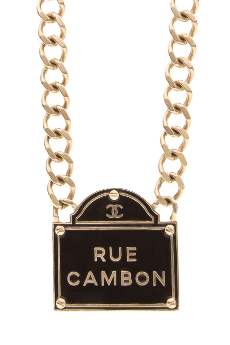 Chanel 2015 Black and Gold Name Plate Rue Cambon Necklace
