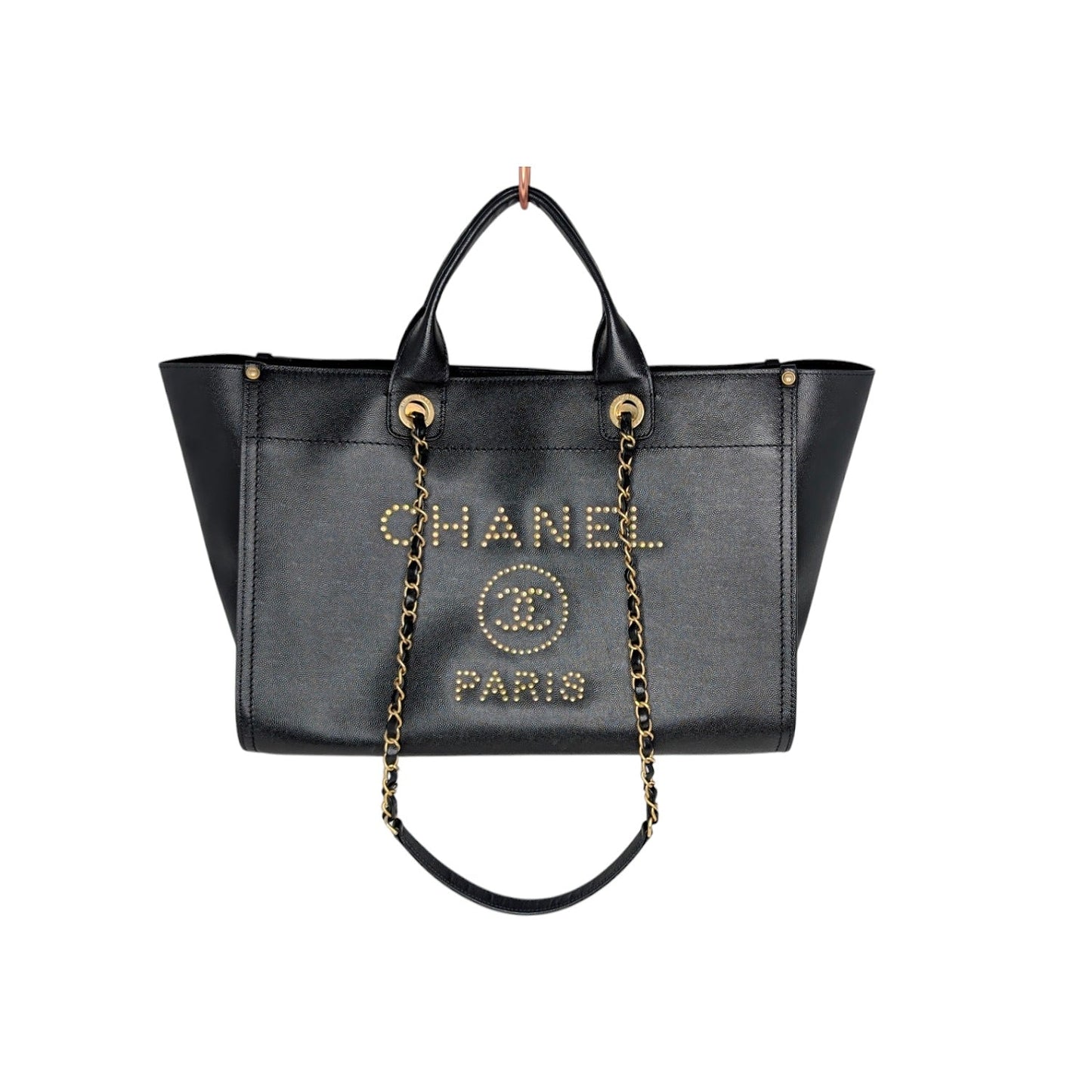 Chanel 2019 Black Caviar Studded Logo Deauville Tote