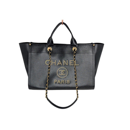 Chanel 2019 Black Caviar Studded Logo Deauville Tote