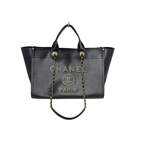 Chanel 2019 Black Caviar Studded Logo Deauville Tote